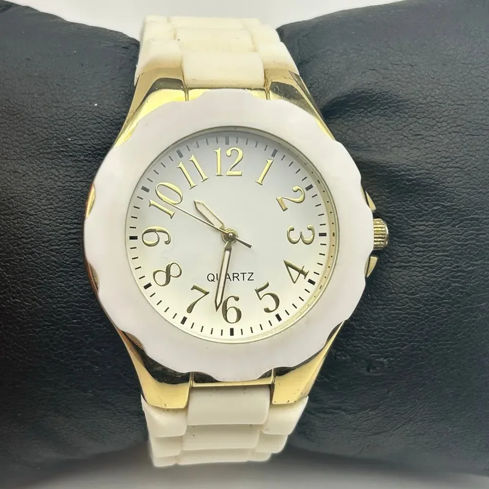 Ladies White Quartz Watch Gold Tone Bezel White Rubber Strap Analog Watch